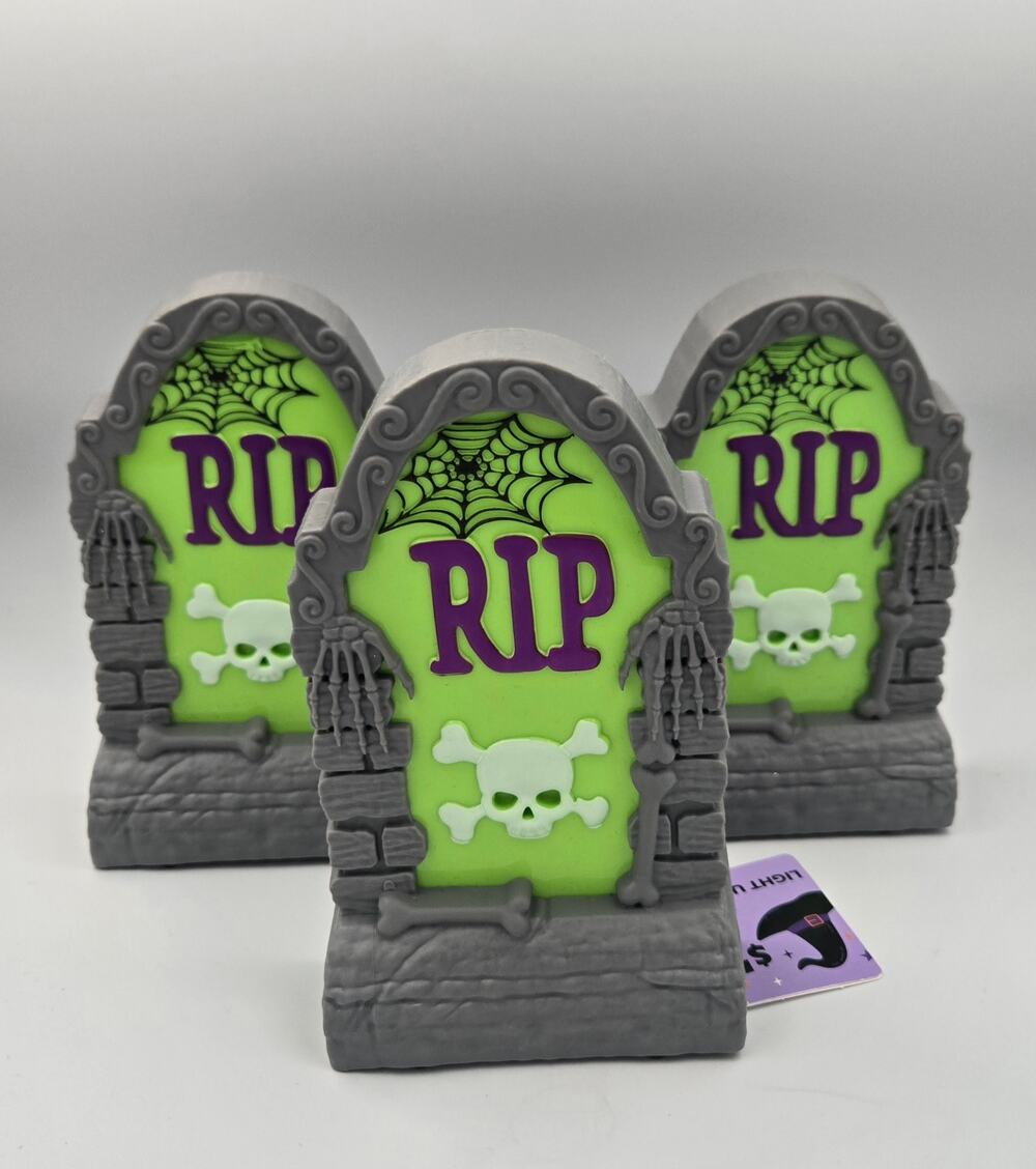 Lot of 3 Halloween Light Up RIP Tombstones - Spooky Green Glow Decor